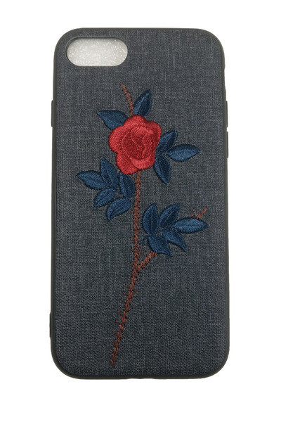 OEM Carcasă compatibilă cu iPhone 7, roz brodat pe imitație de piele, neagră