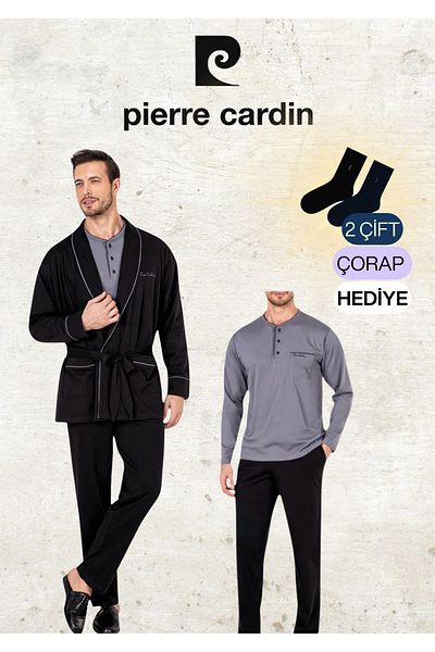 Pierre Cardin 100% Cotton Black Robdöşambr & Long Sleeve Combed Cotton Pajama Set (2 Gift Socks) Ol.Pc.5605.002