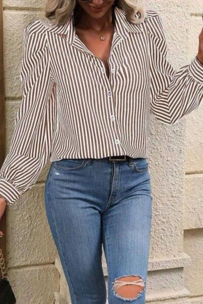 Mossta Balloon Sleeve Detailed Striped Shirt - Beige