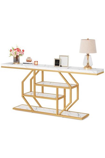 Tribesigns Console Table, Marble Finish, Gold+White, Modern Luxury, 180*30*87 cm