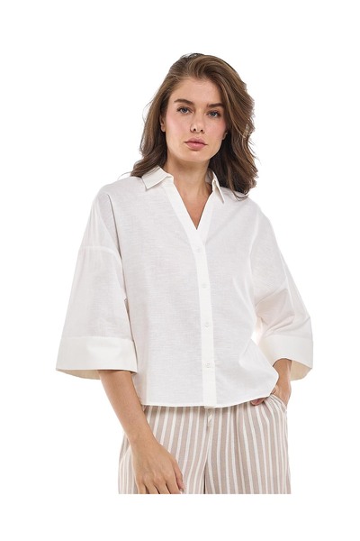 R&B قميص سادة كبير الحجم بياقة كلاسيكية وأكمام قصيرة