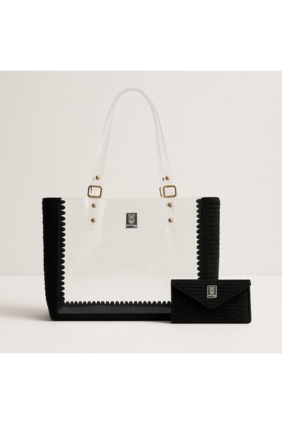 ALPACO Şeffaf siyah detay çanta ve cüzdan takımı