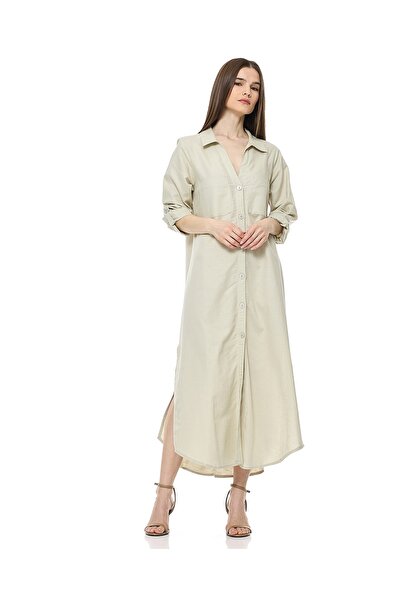 R&B Solid Shirt Dress With Classic Collar And Long Sleeves