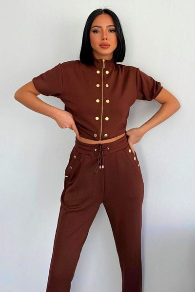 FashionForYou NonCom casual set, short-sleeved blouse and drawstring pants, Brown, L