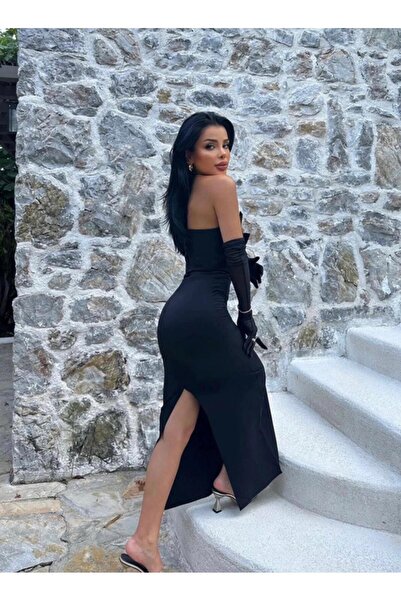 Eyyo Long black dress with neckline and bow detail - M