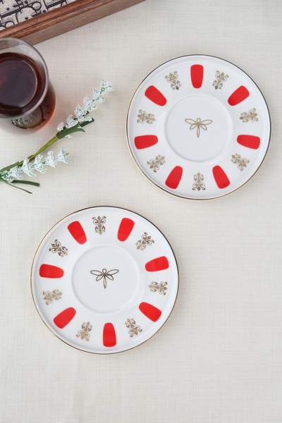 tabakevi Plate House Porcelain Acem Zade Red Tea Plate 12,5cm 2 Pcs