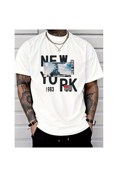 aynewmoda New york Printed short sleeve round neck cotton t-shirt white