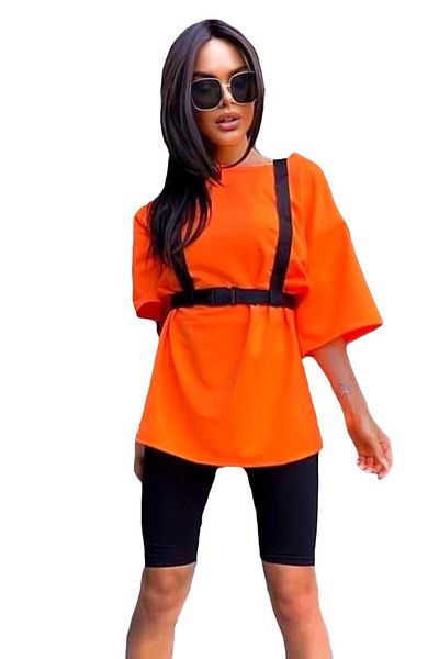 FashionForYou Cibyl sports suit, long t-shirt with harness and short tights, Orange, M