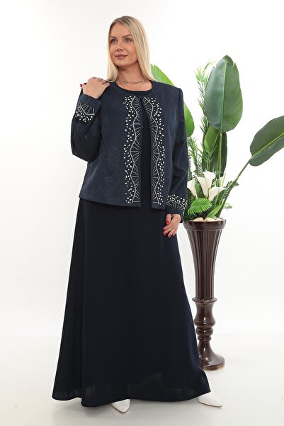 MİSS DİAMOND معطف باللون الأزرق الداكن مع تفاصيل حجرية مقاس كبير