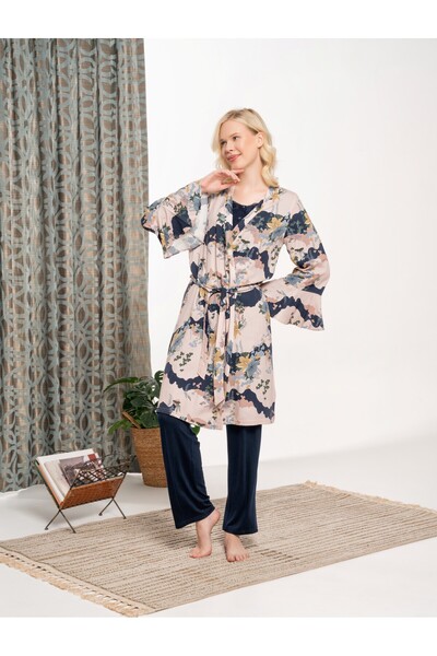 BLACKMORE Set de pijamale din 3 piese din bumbac cu model bleumarin, cu rochie de maternitate de iarnă