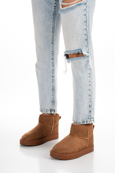 ForYou4 Mini Tan Suede Half Boots with Fur Inside Flat Sole Women's Shoes