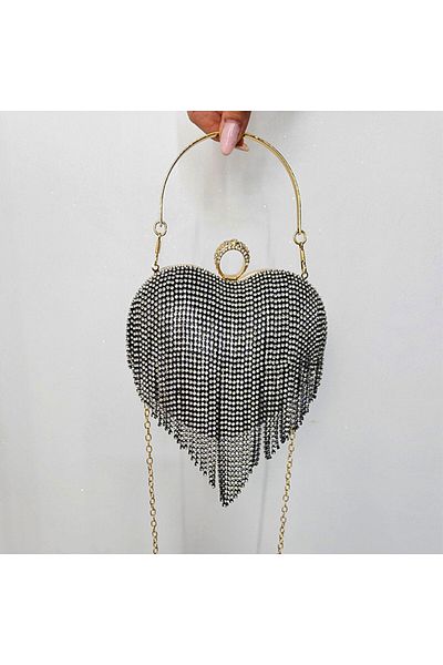 FashionForYou Second-hand bag, Glimmer, Black, heart-shaped, with rhinestones and metallic details, Gold chain