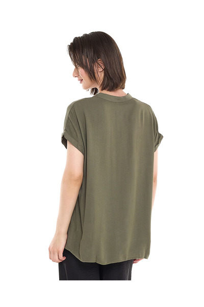 R&B Button Detail Top with Stand Collar and Short Sleeves