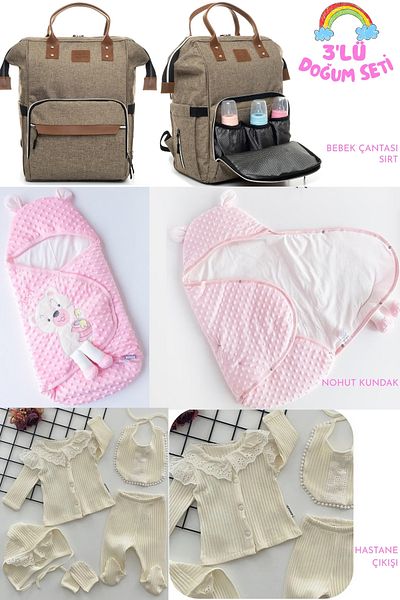 Allmart 3-Piece Birth Set (Snap Fastener Chickpea Swaddle, Functional Baby Care Bag and 100% Cotton Hospital Release)