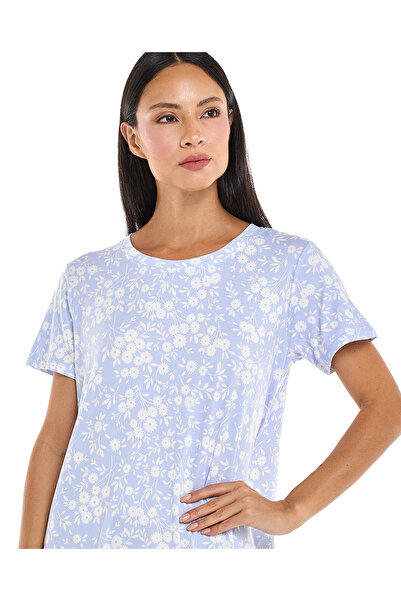 R&B Floral Patterned Nightdress with Crew Neck and Short Sleeves