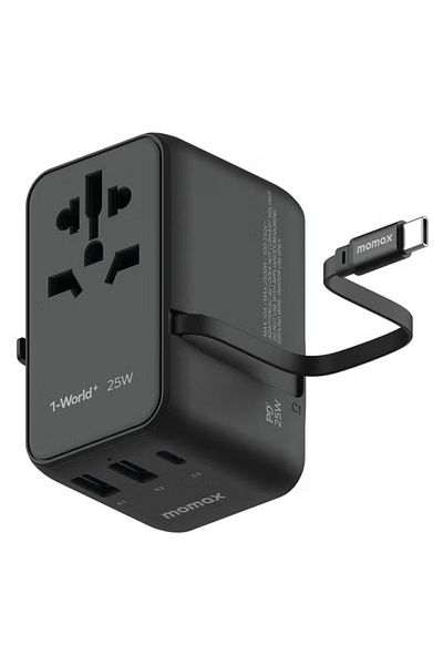 Momax UA20 1-World 25W GaN 3 Ports + Multi Plug Travel Adapter Multi Volt 100-240V -BLACK