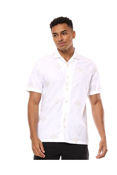 R&B Printed Shirt with Revere Collar and Short Sleeves