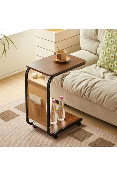 Türkiye C Shaped End Table,Movable Side Table Coffee Table Sofa Table with Wheels and Storage Bag for Small
