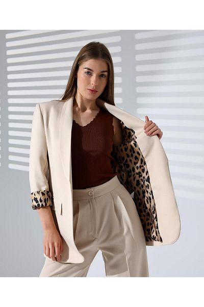 vesantia Women's Cream Bell Fabric Leopard Pattern Blazer Jacket with Lining Detail