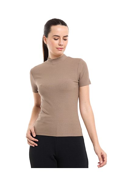 R&B Ribbed Top with Mock Neck and Short Sleeves