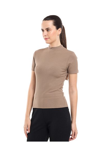 R&B Ribbed Top with Mock Neck and Short Sleeves