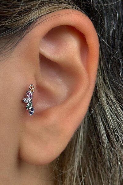 TAKIŞTIR Gümüş Renk Renkli Taş Detaylı Çelik Tragus/Kıkırdak Küpe/Piercing (Tek)