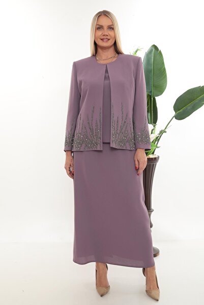 MİSS DİAMOND سترة أنيقة مزينة بالحجر مع فتحة أرجوانية طويلة بطول الركبة