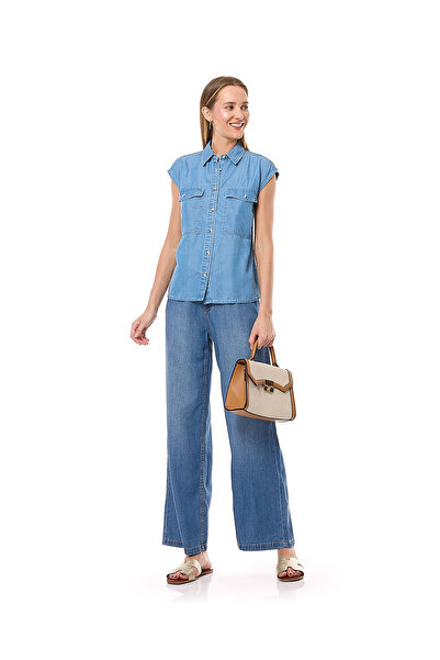 R&B Pocket Detail Denim Top with Classic Collar and Cap Sleeves