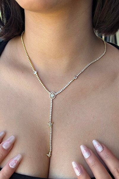 TAKIŞTIR قلادة على شكل حرف Y من الفولاذ بتفاصيل حجر ذهبي اللون