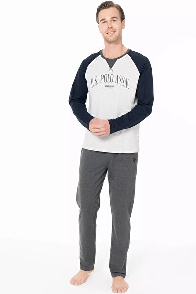 U.S. Polo Assn. Erkek Pijama Takımı, Cepli, Pamuklu, Uzun Kollu, Bisiklet Yaka, US POLO Baskılı, Lacivert