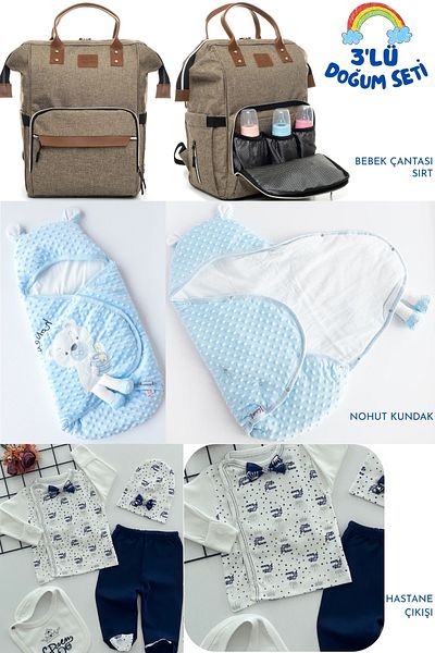 Allmart 3-Piece Birth Set (Snap Fastener Chickpea Swaddle, Functional Baby Care Bag and 100% Cotton Hospital Release)