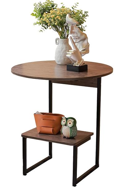 Türkiye Small Coffee Table Rustic Brown 2 Tiers Shelf C-Shape End Table Side Table Accent Furniture for Livi