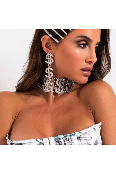 Dollar Icon Necklace and Earrings Models, Women's Silver Elegant and Sparkly Crystal Gemstone, Trend Jewelry