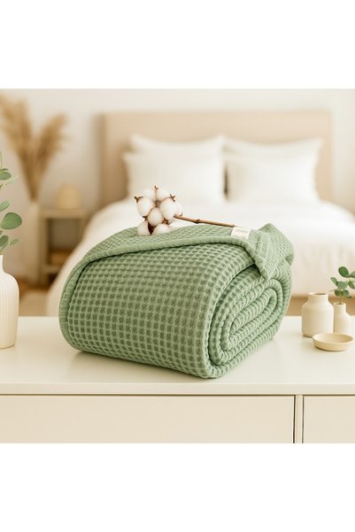 Tasarım Hb&Victory 100% Cotton Waffle Bedspread Olive Green Color Double Size 230X250 cm