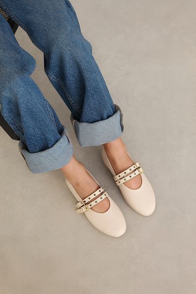 moon glow Beige Cream Color Studded Double Buckle Women's Ballerinas |   Daily Comfortable Flat Sole Mary Jane Shoes Fashion