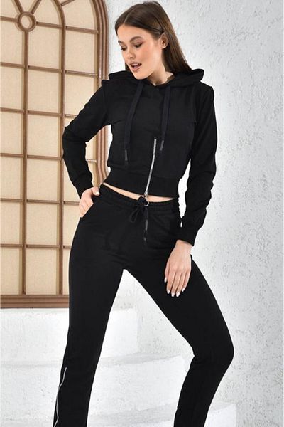 FashionForYou Women's sports suit, Shary, pants with zipper at the bottom and a hooded sweatshirt, Black, L