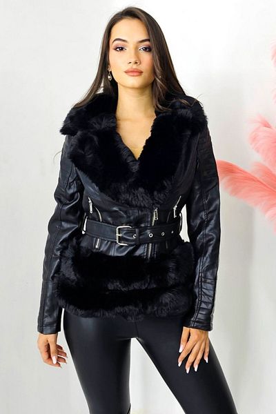 FashionForYou Alisha faux leather jacket, fur lined and belted at the waist, Black, 2XL