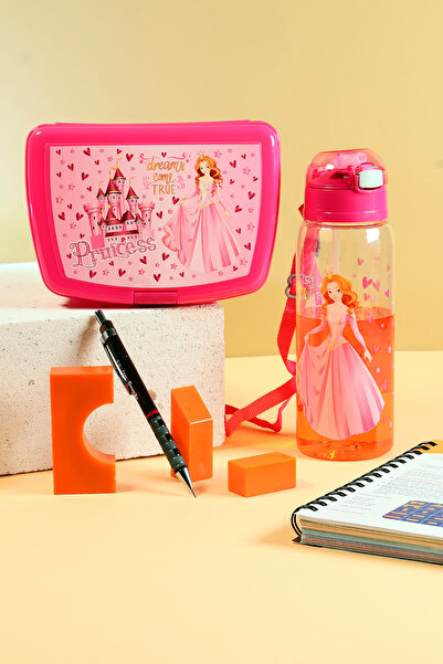 Poomy Okul Beslenme Seti Kız Çocuk Prensesli Beslenme Kabı ve 500 ml Matara