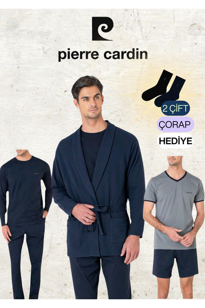 Pierre Cardin 5 Pieces 100% Cotton Robdöşambr & Long Sleeve - Short Sleeve Combed Cotton Pajama Set (2 Gift Socks)