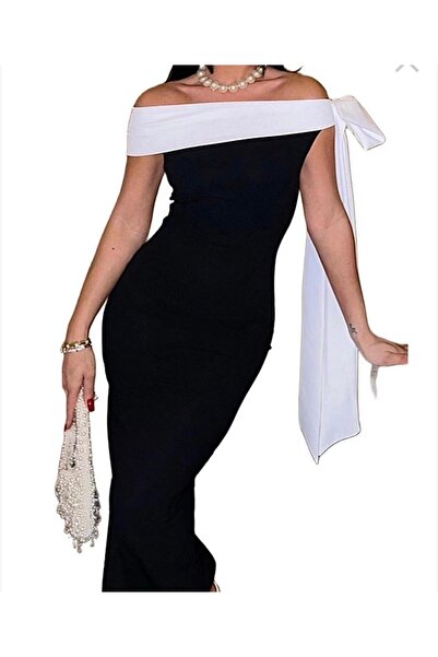 Eyyo Long black off-shoulder dress with white detail and long white side bow ...
