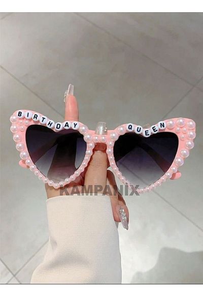 KAMPANİX Pink Birthday Glasses with Pearl Heart Birthday Queen Written Celebration Party Bride Wedding Kina
