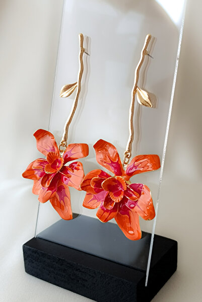 COSİTA Turuncu Çiçek Sallantılı Yaprak Detaylı Marka Model Vintage Uzun Büyük Küpe