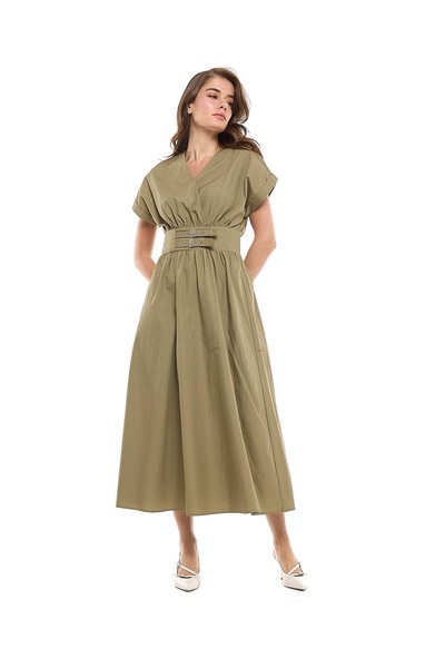 R&B Solid Midi Dress with V-Neck and Short Sleeves