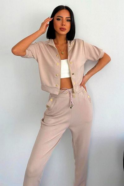 FashionForYou NonCom casual set, loose short-sleeved blouse and drawstring pants, Dusty pink, L