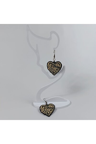 TERARYUM SEPETİM 3D Design Black Heart Cream Patterned Earrings