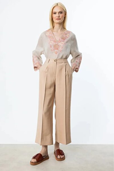 Ekol Women's Single Pleat Wide Leg Trousers 2106 Sand