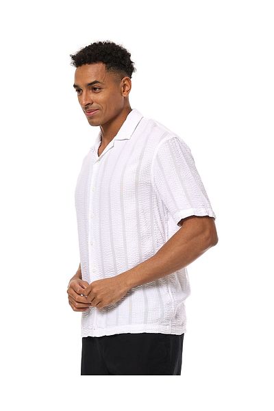 R&B Striped Shirt with Revere Collar and Short Sleeves
