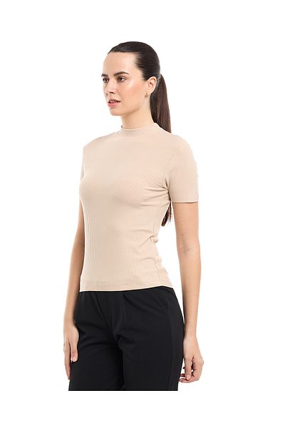 R&B Ribbed Top with Mock Neck and Short Sleeves