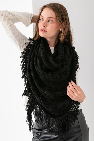 VEGA MODA Eșarfă triunghiulară pentru femei – tricotată cu modele și cu ciucuri, șal triunghiular cu modele tricotate