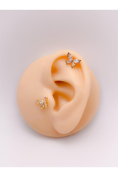 Trinos Cerrrahi Çelik Piercing ( Pirsing ) Zirkon Damla Taşlı Kelebek Tragus Helix Piercing (1adet)